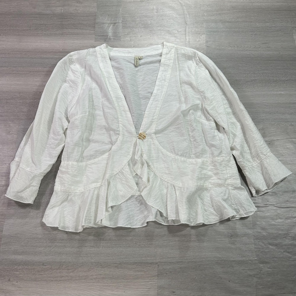 Focus Cardigan Womens Small White Ruffle Hem Open Front Flax Blend